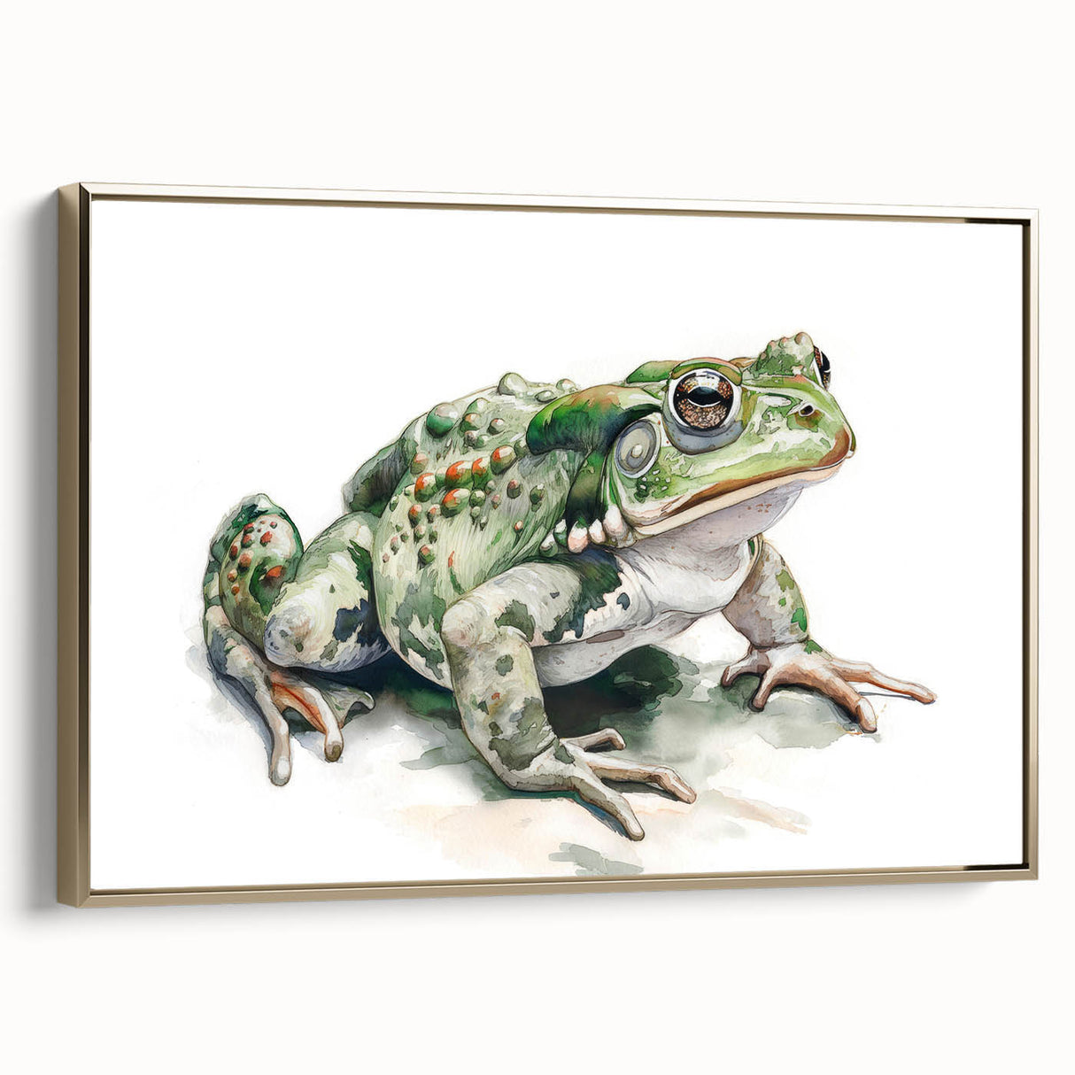 Framed wall art featuring a vibrant frog design, set against a gold backdrop, showcasing intricate details and textures, perfect for nature-inspired decor.