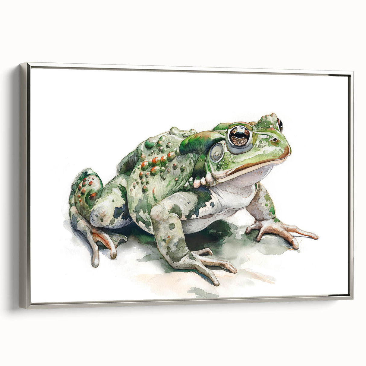 Framed wall art design showcasing a vibrant green frog against a silver background, emphasizing intricate details and textures in a contemporary setting.