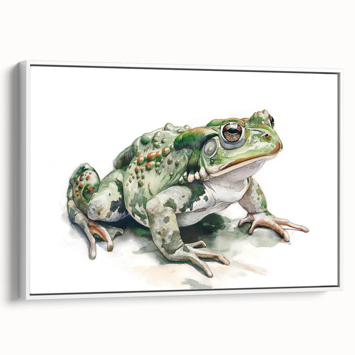 Framed wall art featuring a vibrant frog design from the 'Animals of the Wild' collection, showcasing detailed colors and textures against a white background.