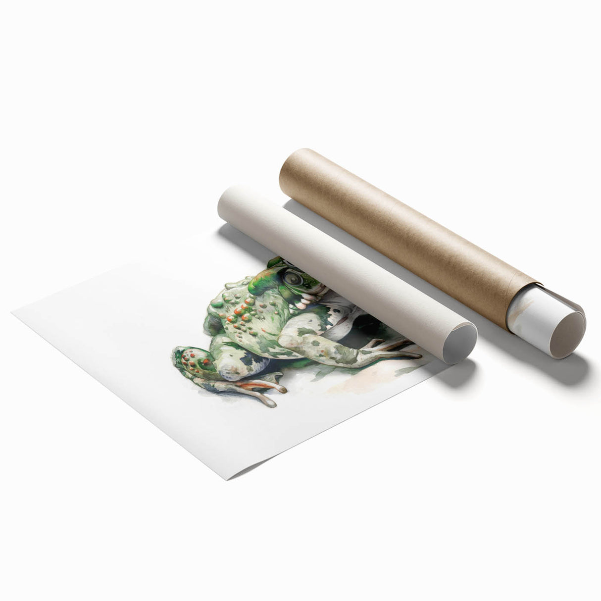 Vibrant rolled wall art print showcasing a whimsical frog design, perfect for animal lovers and nature enthusiasts, presented in a protective cardboard tube.