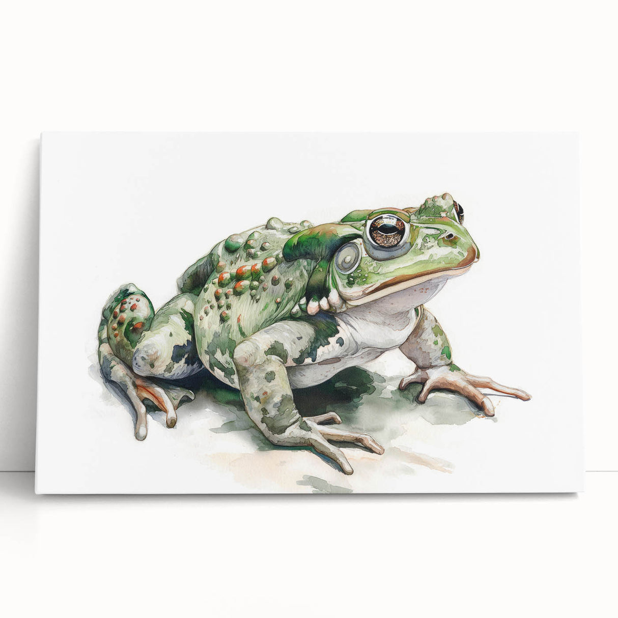 Vibrant stretched canvas wall art showcasing a colorful frog design, perfect for wildlife enthusiasts, adding a playful touch to home decor.