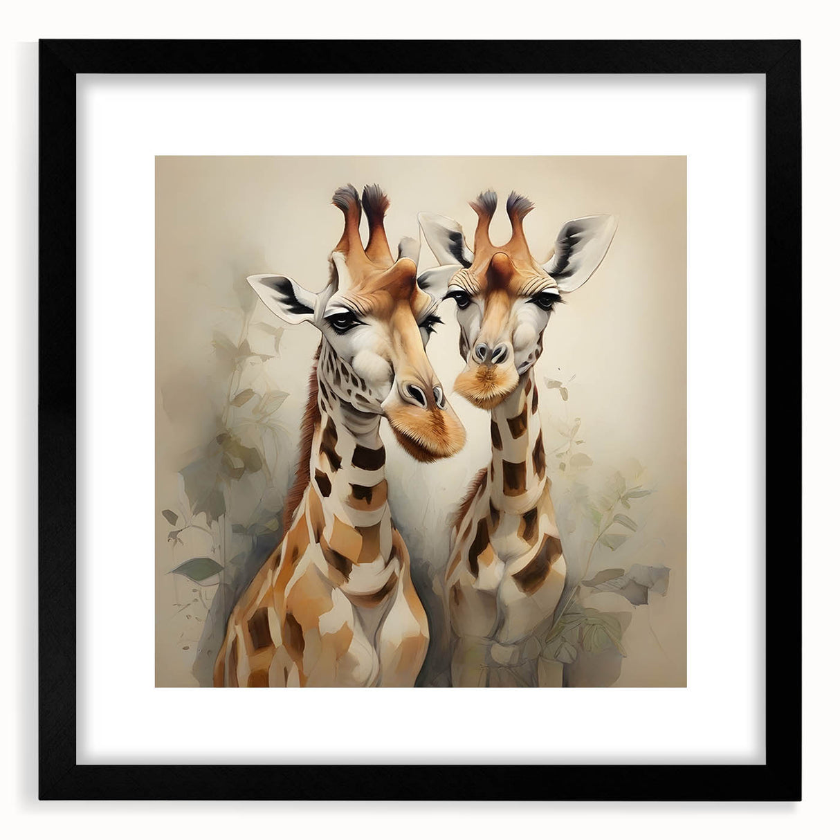 Stylish wall art featuring a giraffe design in a sleek black frame with matting, perfect for enhancing modern decor and celebrating wildlife aesthetics.