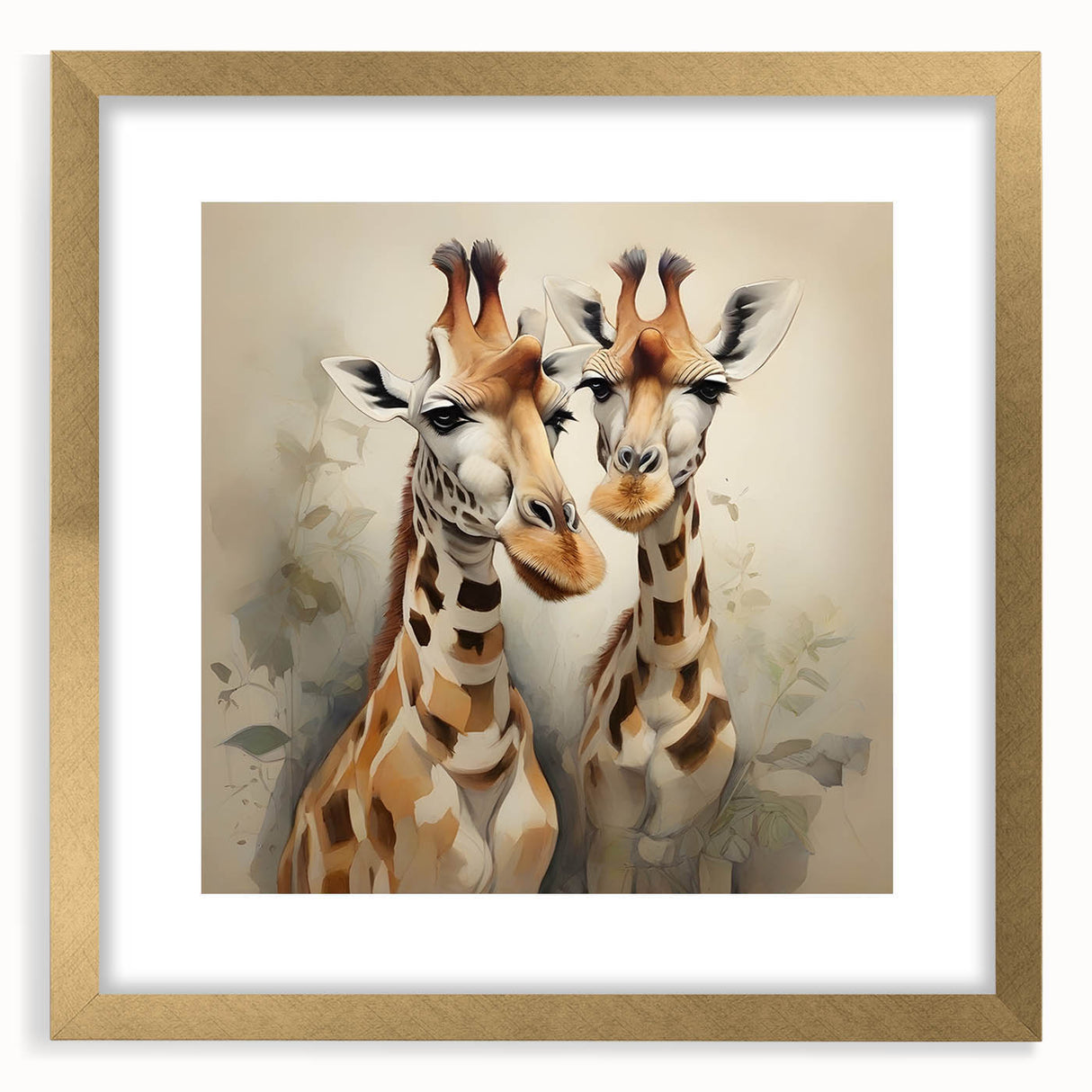 Gold-framed wall art featuring a stylized giraffe design, showcasing vibrant colors and intricate details, perfect for adding a touch of wildlife-themed decor to any space. This modern artwork complements various interior styles while celebrating the beauty of nature.