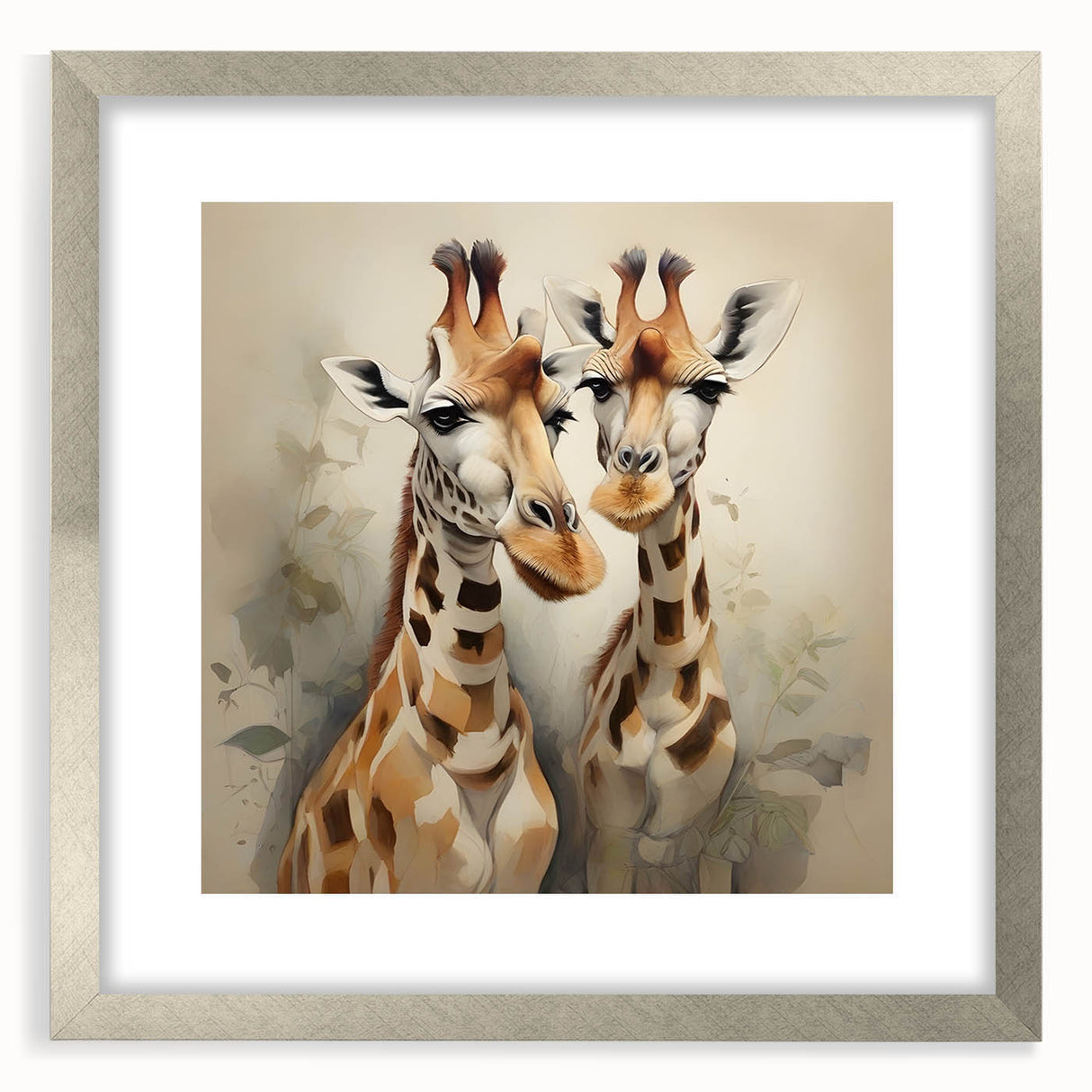 Framed wall art depicting a majestic giraffe design, showcasing vibrant colors and intricate details, elegantly presented in a sleek silver frame with a mat, perfect for nature lovers and home decor enthusiasts.