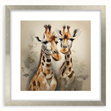 Framed wall art depicting a majestic giraffe design, showcasing vibrant colors and intricate details, elegantly presented in a sleek silver frame with a mat, perfect for nature lovers and home decor enthusiasts.