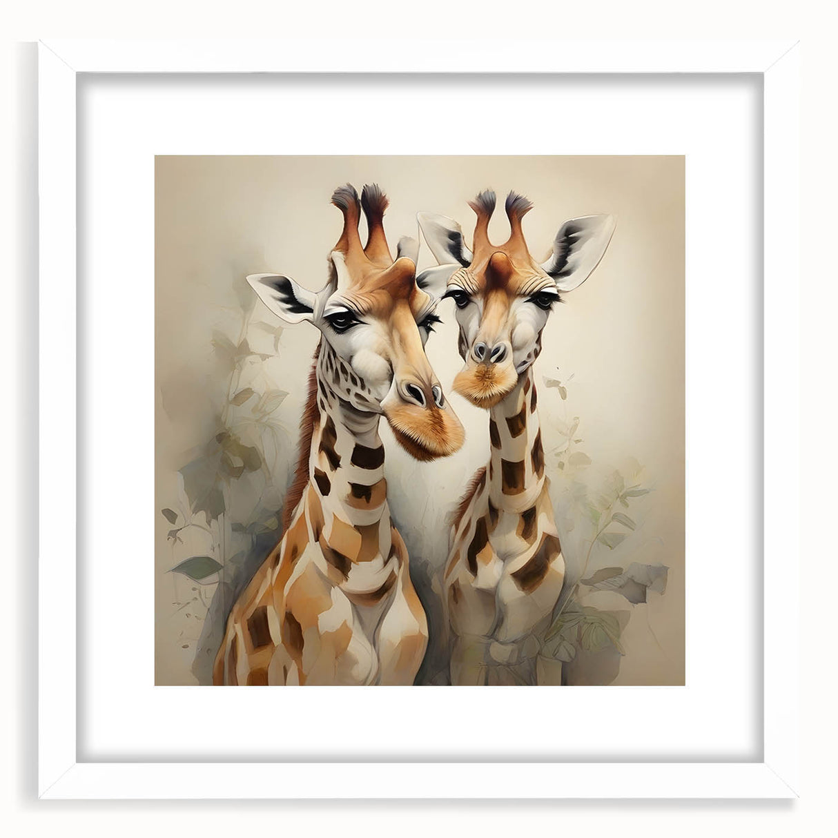 Giraffe wall art design showcasing a beautiful illustration of a giraffe in a natural habitat, framed with a white mat, perfect for wildlife-themed decor.