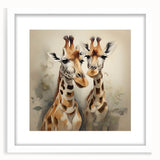 Giraffe wall art design showcasing a beautiful illustration of a giraffe in a natural habitat, framed with a white mat, perfect for wildlife-themed decor.