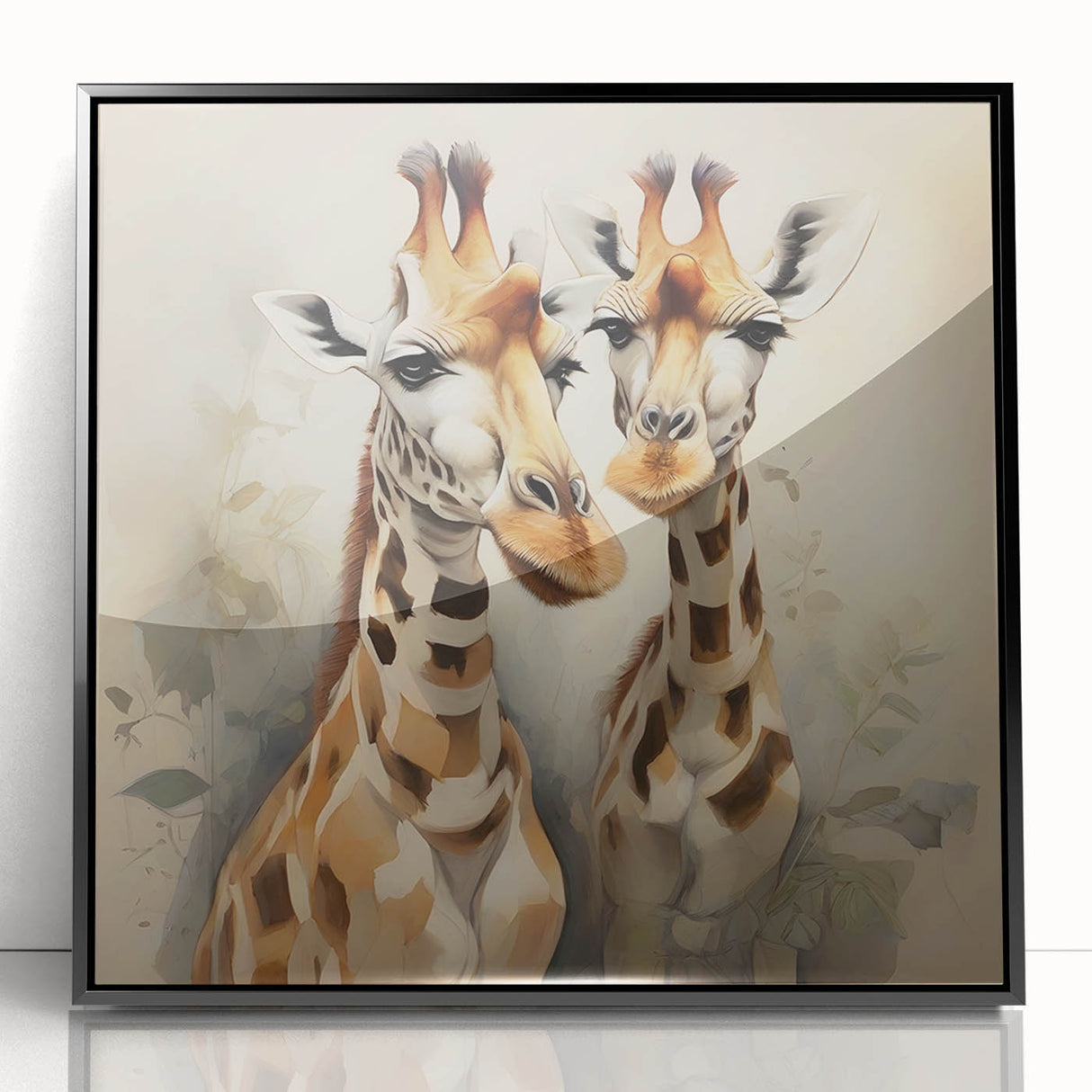 Framed wall art showcasing a striking giraffe design, featuring vibrant colors and a sleek black frame, perfect for adding a touch of wildlife decor to any space.