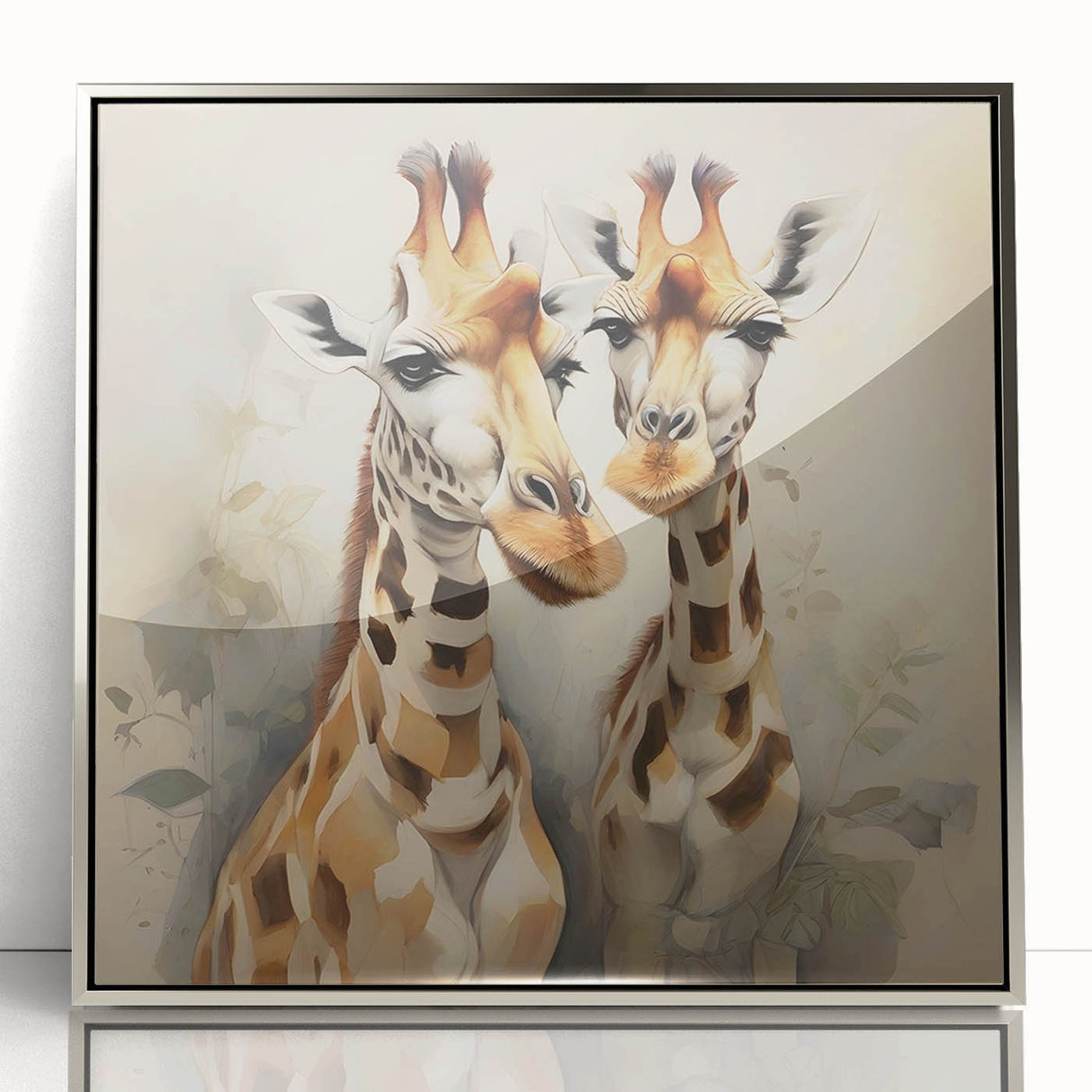 Framed wall art featuring a stunning giraffe design in a sleek silver frame, showcasing vibrant colors and intricate details, perfect for wildlife enthusiasts.
