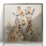 Framed wall art featuring a stunning giraffe design in a sleek silver frame, showcasing vibrant colors and intricate details, perfect for wildlife enthusiasts.