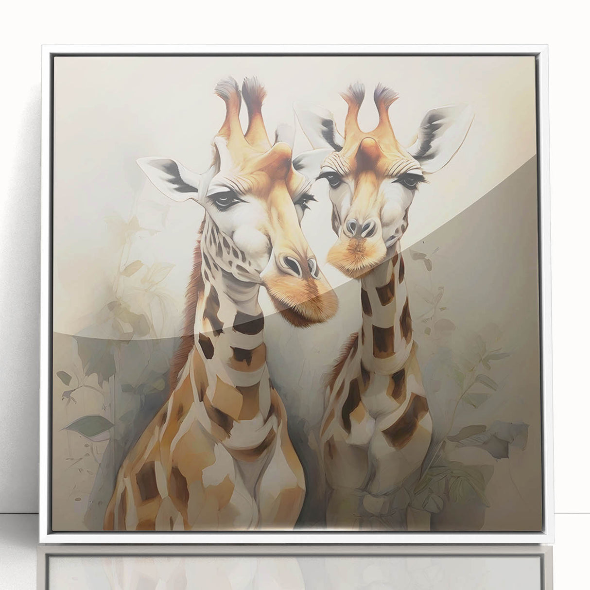 Framed wall art featuring a vibrant giraffe design in a white frame, showcasing African wildlife aesthetics, perfect for enhancing modern home decor.