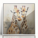 Framed wall art featuring a vibrant giraffe design in a white frame, showcasing African wildlife aesthetics, perfect for enhancing modern home decor.