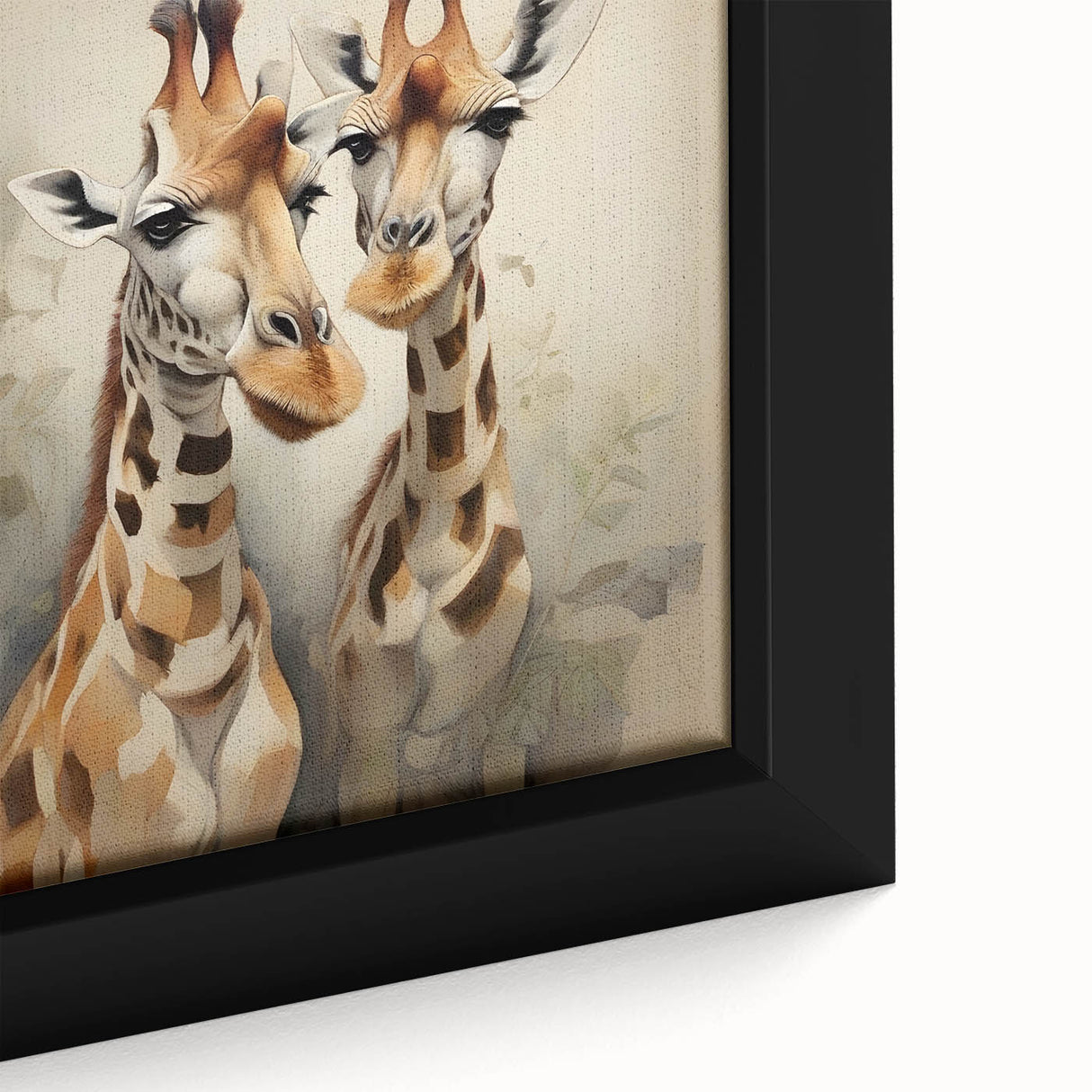 Close-up view of a framed canvas wall art featuring a detailed giraffe design, showcasing its intricate patterns and vibrant colors, ideal for wildlife decor enthusiasts.