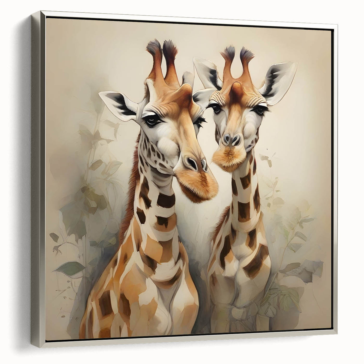 Framed canvas wall art featuring a silver side view of a giraffe against a minimalist background, perfect for animal lovers and modern home decor enthusiasts.