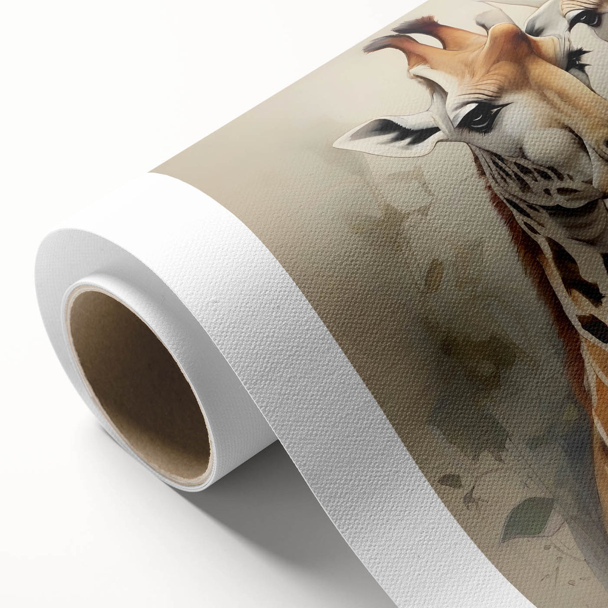 Vibrant rolled canvas artwork showcasing a giraffe design, perfect for wildlife enthusiasts, featuring rich colors and intricate details, ideal for home decor.
