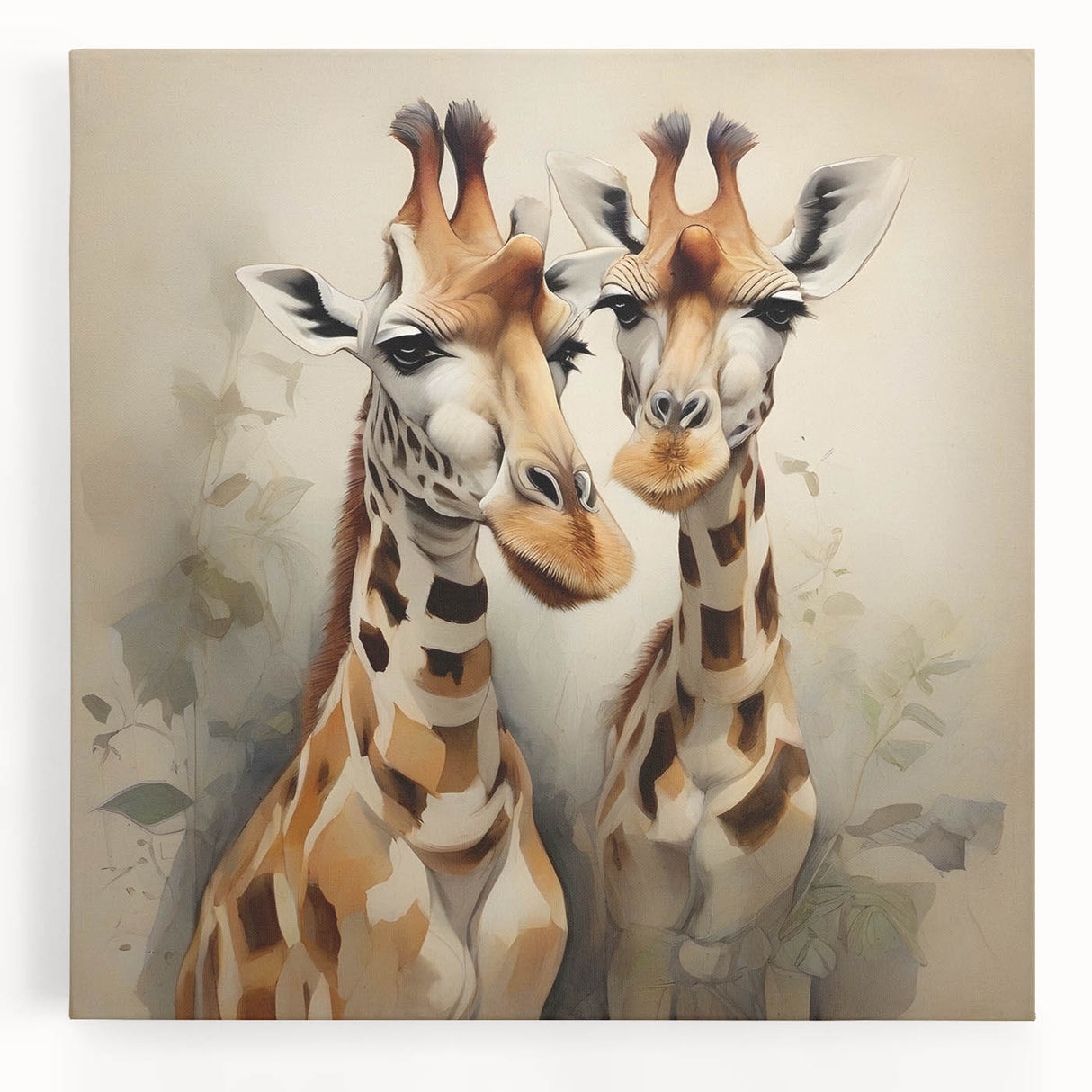 Giraffe wall art featuring a vibrant, colorful design on stretched canvas, showcasing a front view of the majestic animal in a wild landscape. Perfect for animal lovers and home decor.