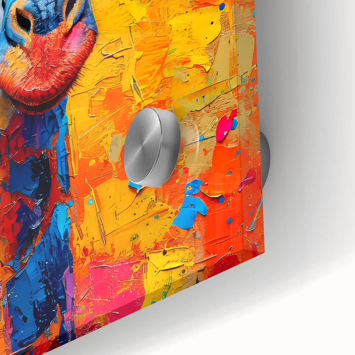 Close-up of a vibrant giraffe wall art design on acrylic glass, showcasing intricate details and colors, perfect for wildlife-themed decor in modern interiors.