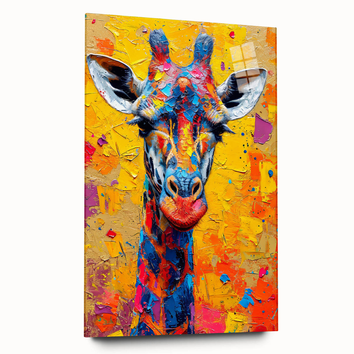 Acrylic wall art showcasing a striking side view of a giraffe, featuring vibrant colors and intricate details, perfect for nature enthusiasts and modern decor.
