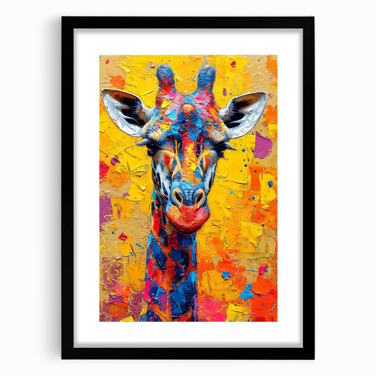Giraffe wall art design framed in black with a mat, showcasing intricate details of the animal's unique patterns, perfect for wildlife decor enthusiasts.