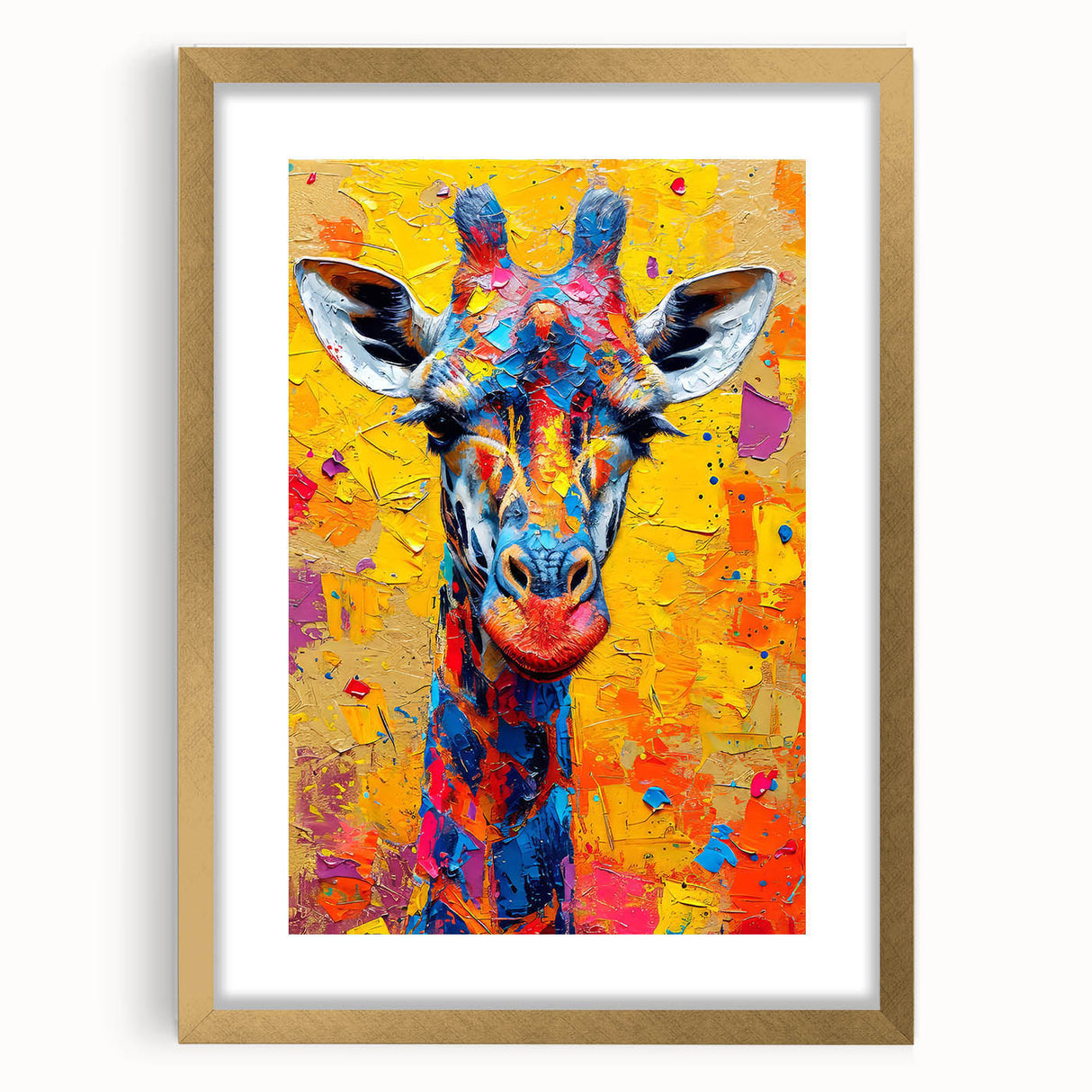 Giraffe-themed wall art featuring a stunning gold frame and mat, showcasing a vibrant design ideal for animal lovers and home decor enthusiasts. Perfect for adding a touch of nature-inspired elegance to any room.