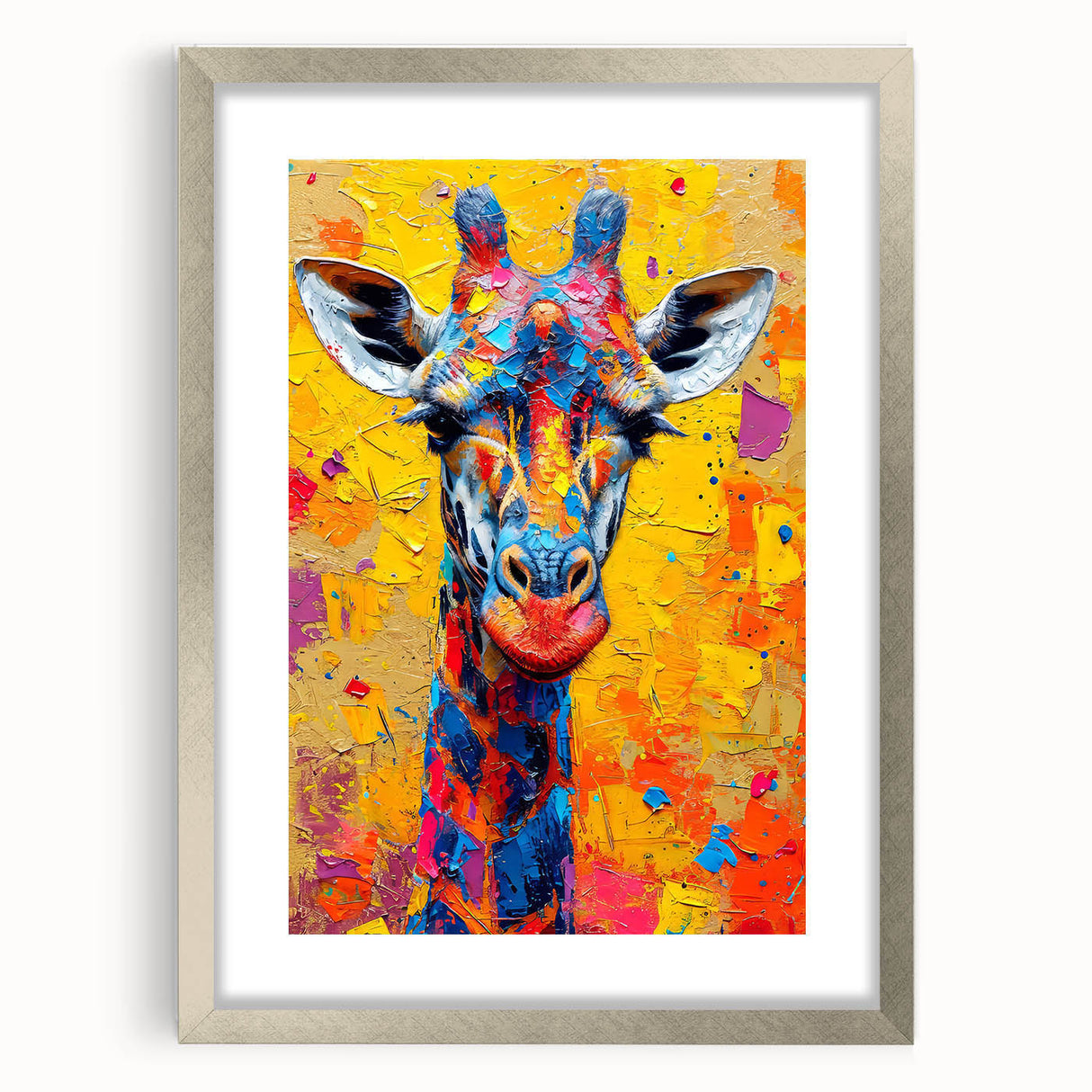 Giraffe-themed wall art design in a silver frame with mat, showcasing a vibrant illustration of a giraffe in a natural setting, perfect for wildlife enthusiasts.