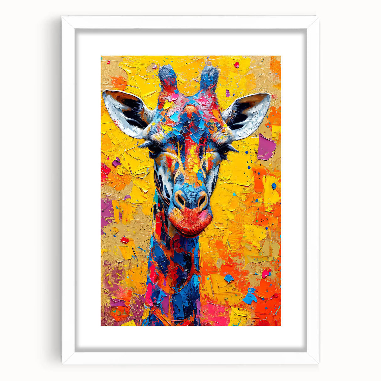 Giraffe-themed wall art design displayed in a sleek white frame with matting, showcasing vibrant colors and intricate details, perfect for animal lovers' decor.