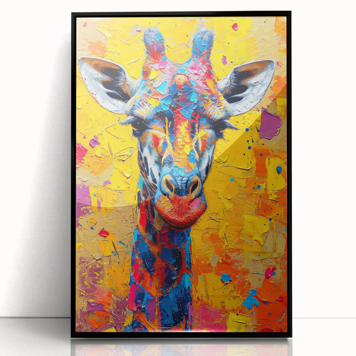 Framed acrylic wall art featuring a striking giraffe design, showcasing intricate details and vibrant colors, presented in a sleek black frame for modern decor.
