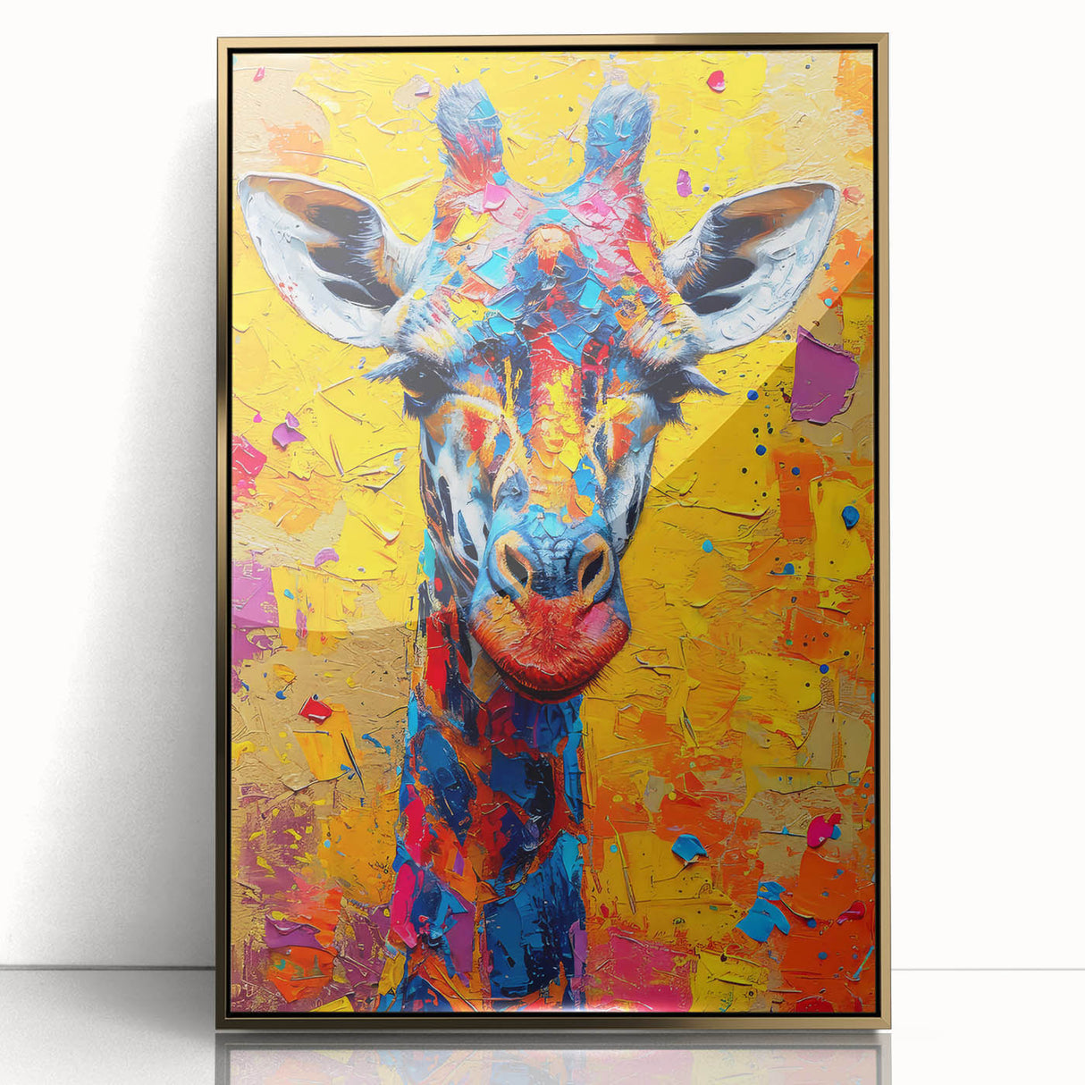 Framed wall art featuring a striking giraffe design with a gold-accented frame, showcasing a front view of the majestic animal against a neutral background, ideal for wildlife enthusiasts.