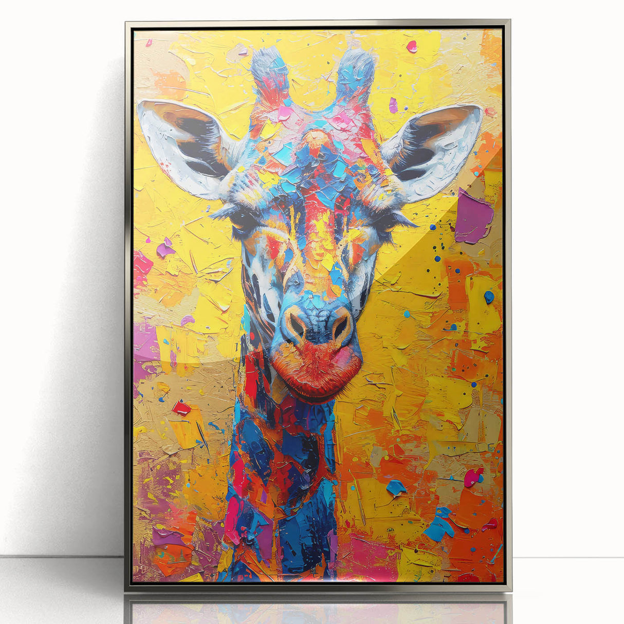 Framed acrylic wall art featuring a striking giraffe design, showcasing intricate details and vibrant colors, perfect for enhancing home decor or wildlife-themed spaces.