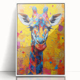 Framed wall art featuring a stunning giraffe design in vibrant colors, set against a white background, perfect for animal lovers and home decor enthusiasts.
