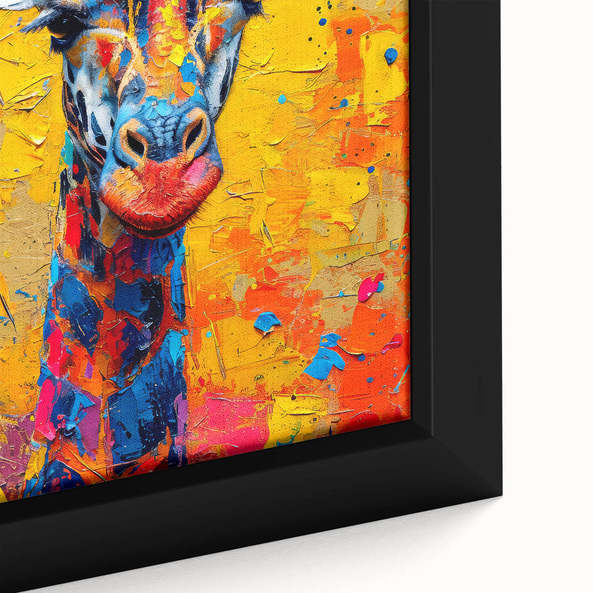 Close-up of a framed canvas wall art depicting a vibrant giraffe design, showcasing intricate details and rich colors, perfect for wildlife enthusiasts and home decor.