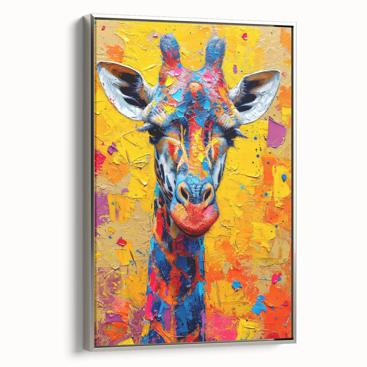 Framed canvas wall art showcasing a silver-silhouetted giraffe design against a soft, neutral background, perfect for enhancing modern home decor.