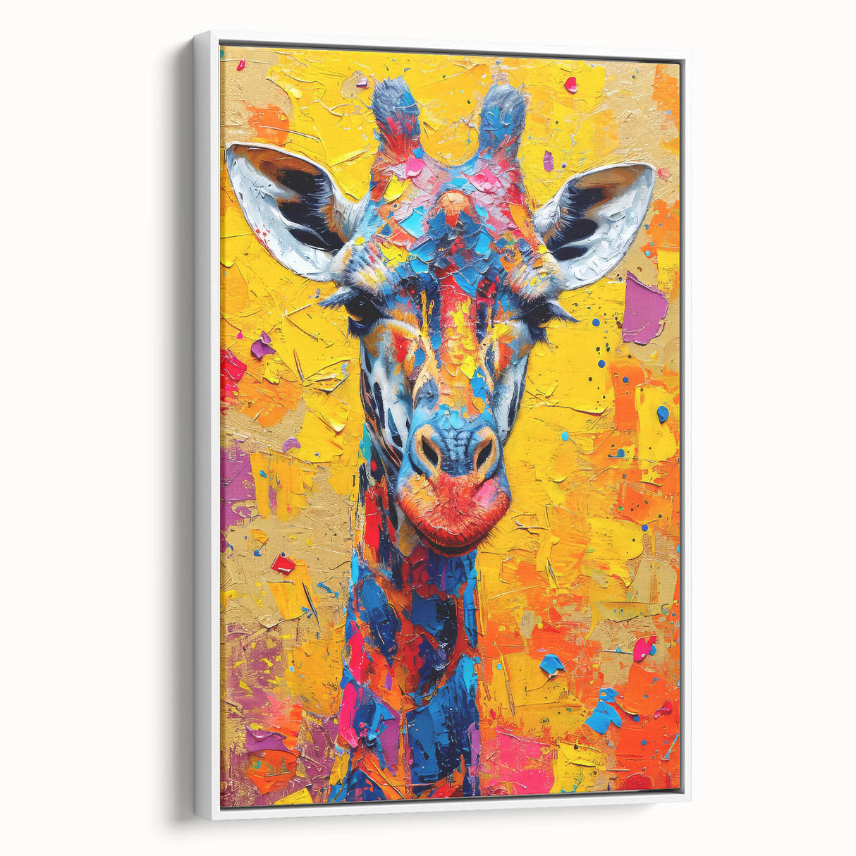 Framed canvas wall art showcasing a side view of a giraffe in a minimalist design, perfect for modern decor. This piece features a white background and vibrant colors that enhance any living space. Ideal for animal lovers and nature enthusiasts looking to add a touch of wildlife to their interior.