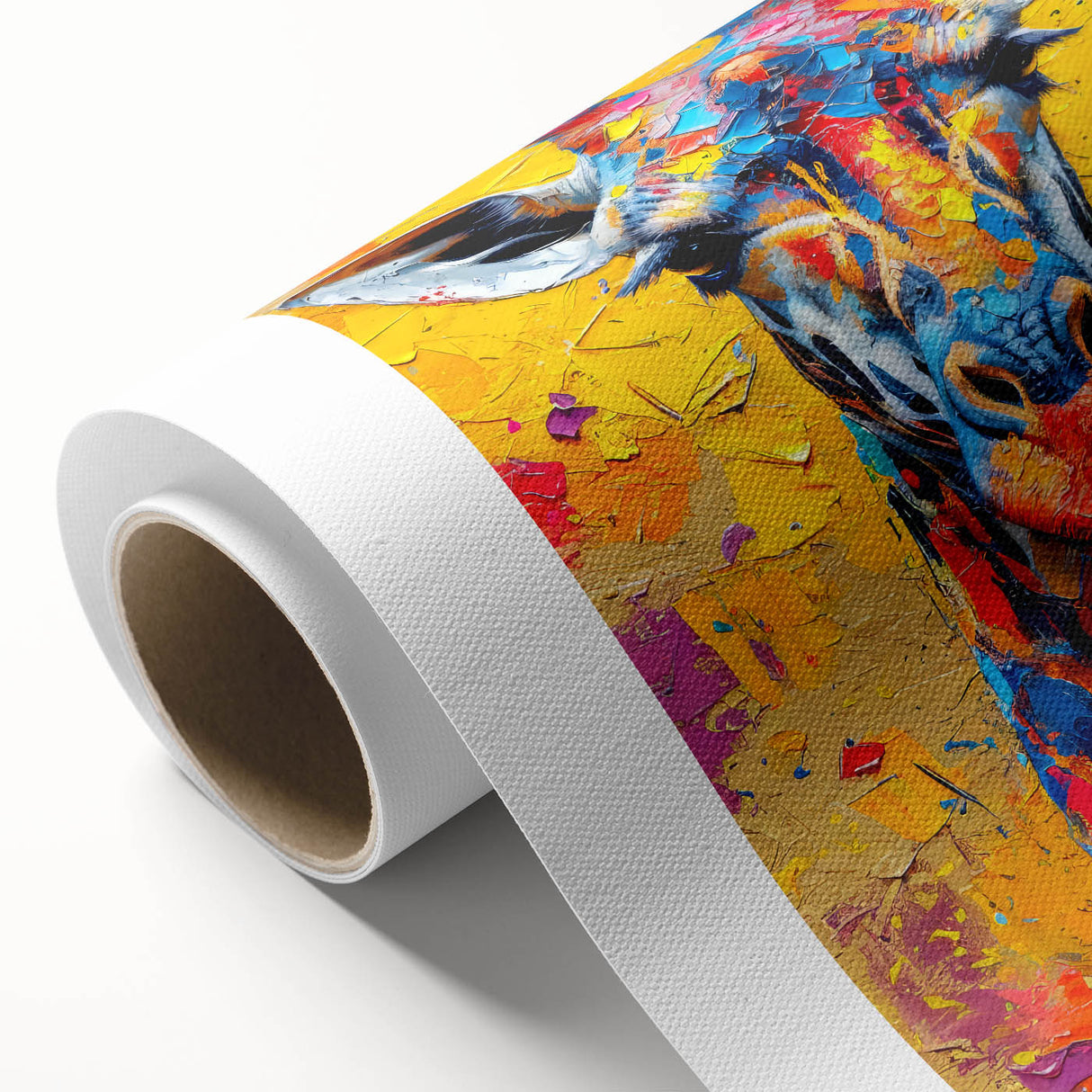 Giraffe-themed wall art design on a rolled canvas, showcasing vibrant colors and intricate details, ideal for nature enthusiasts and home decor. Perfect for enhancing interior spaces with a touch of wildlife elegance.