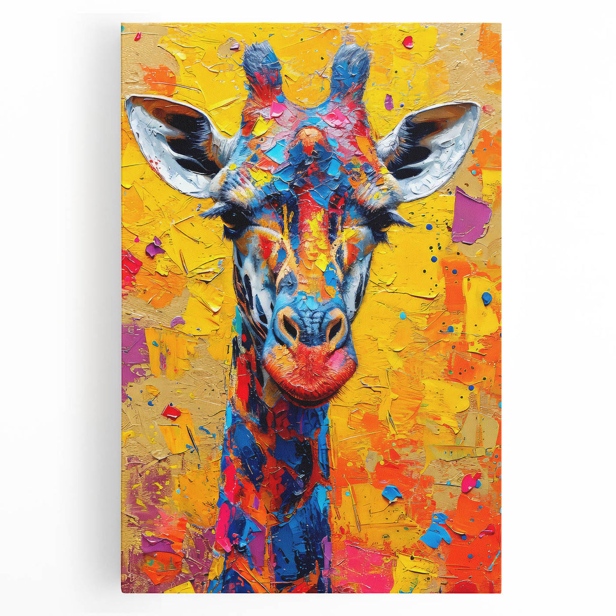 Vibrant stretched canvas wall art featuring a majestic giraffe in a wild African landscape, showcasing intricate colors and details for a stunning decor accent.