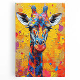 Vibrant stretched canvas wall art featuring a majestic giraffe in a wild African landscape, showcasing intricate colors and details for a stunning decor accent.
