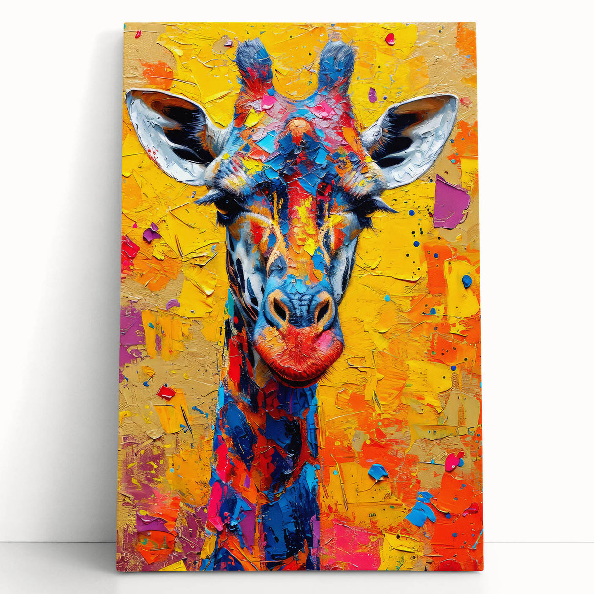 Giraffe-themed stretched canvas wall art featuring a vibrant, colorful design showcasing a whimsical giraffe in a natural setting, perfect for home decor or animal lovers.