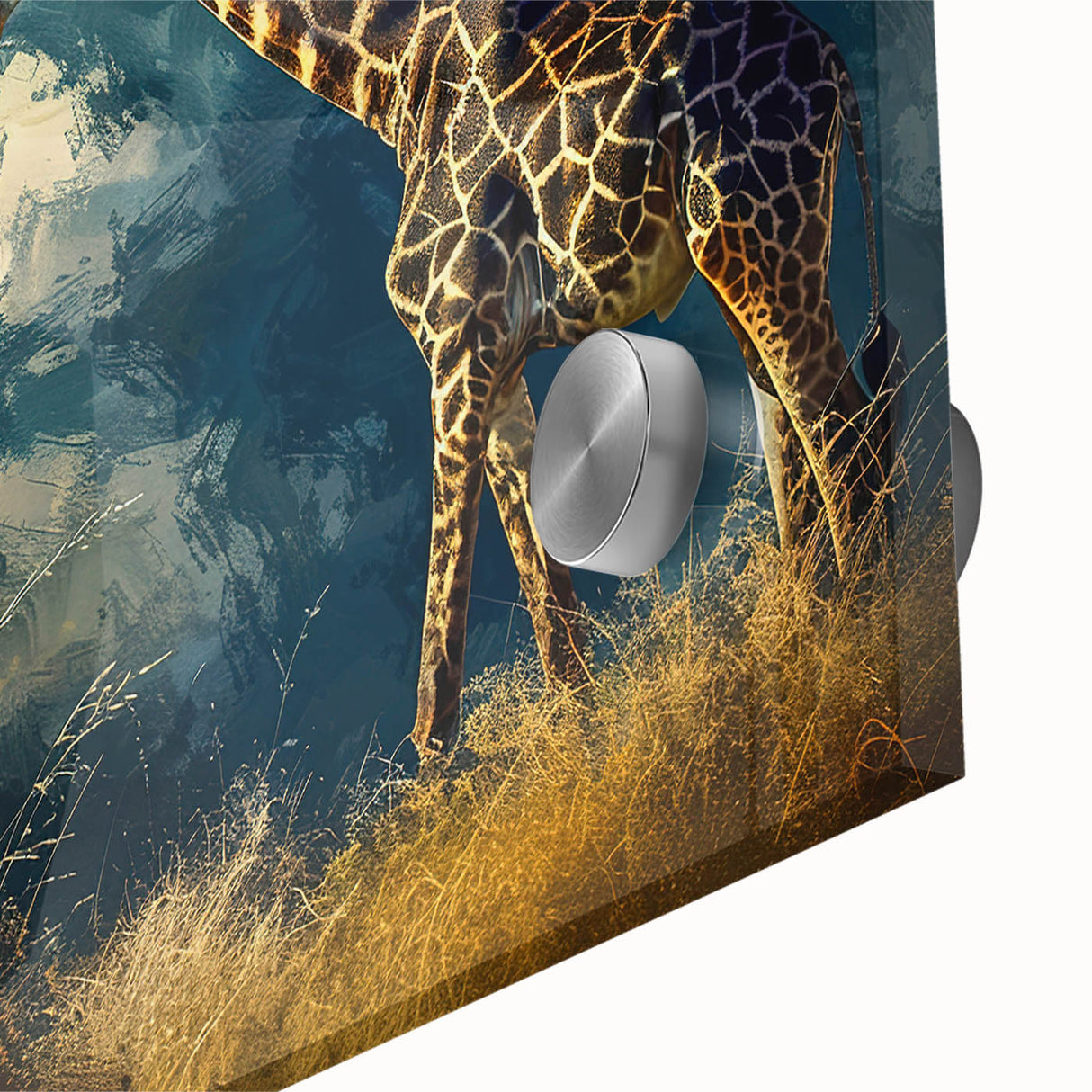 Close-up view of a vibrant acrylic glass wall art piece featuring a detailed giraffe design, showcasing its unique patterns and colors, perfect for wildlife enthusiasts.