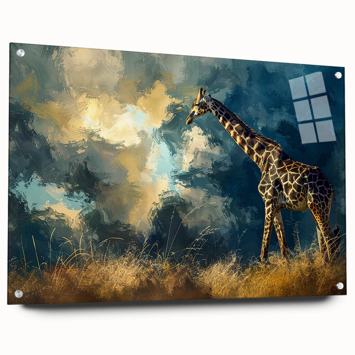 Acrylic glass wall art collection featuring a side view of a stylized giraffe design against a soft gradient background, perfect for animal-themed decor.