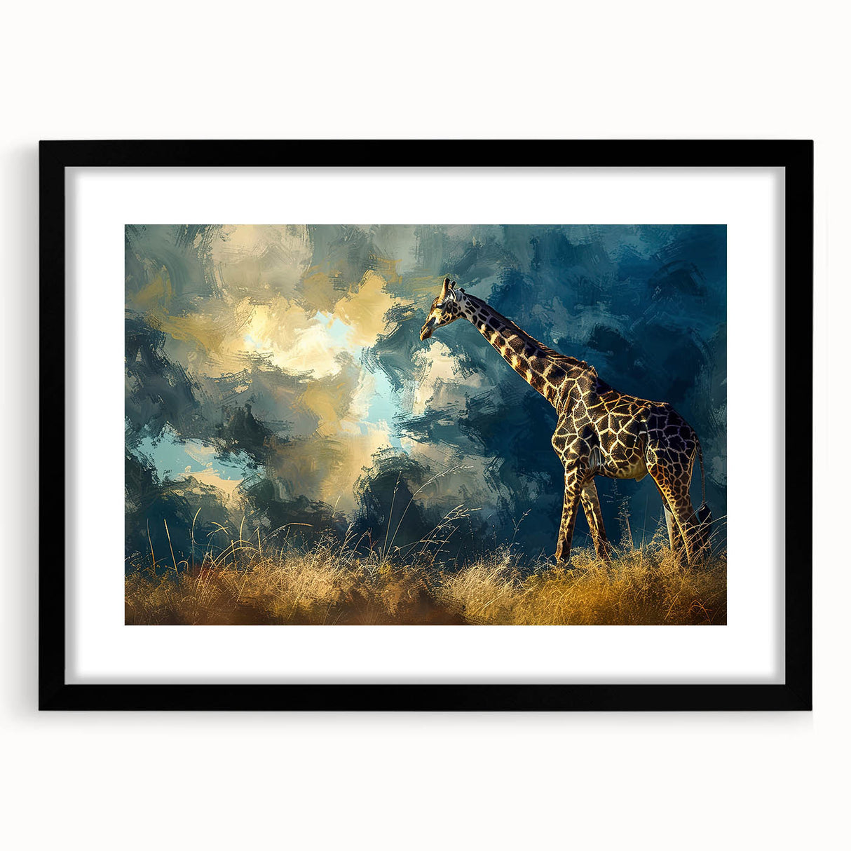 Giraffe wall art design framed in black matting, showcasing a vibrant illustration of a giraffe in a natural habitat, perfect for wildlife enthusiasts’ decor.