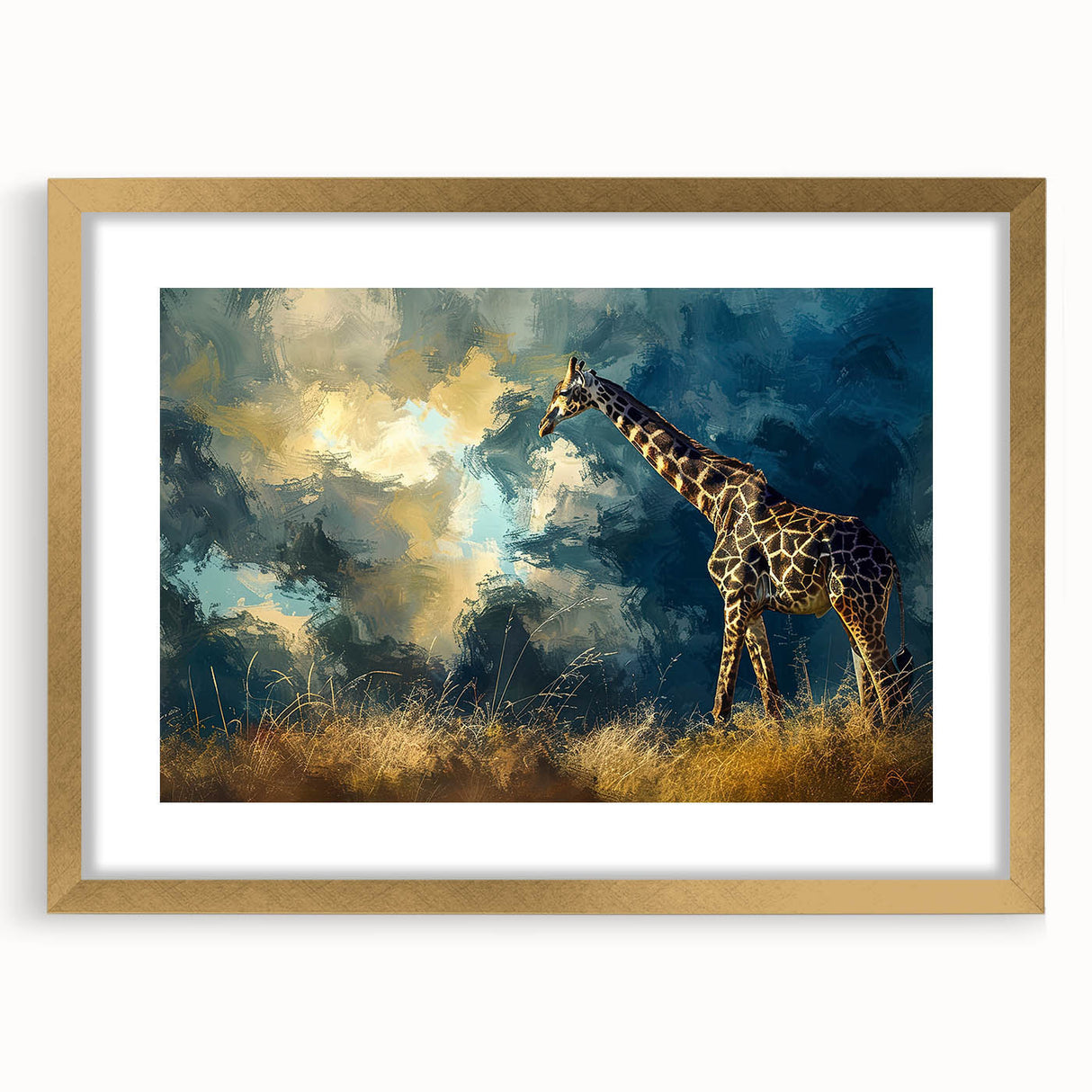 Giraffe wall art design in a gold-framed collection, showcasing a vibrant illustration of wildlife with a mat background, perfect for home decor enthusiasts.