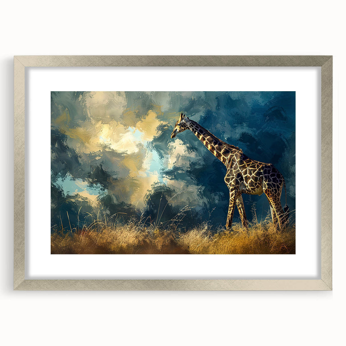 Giraffe-themed wall art collection framed in silver, showcasing a vibrant design with intricate details, perfect for adding an artistic touch to any room.