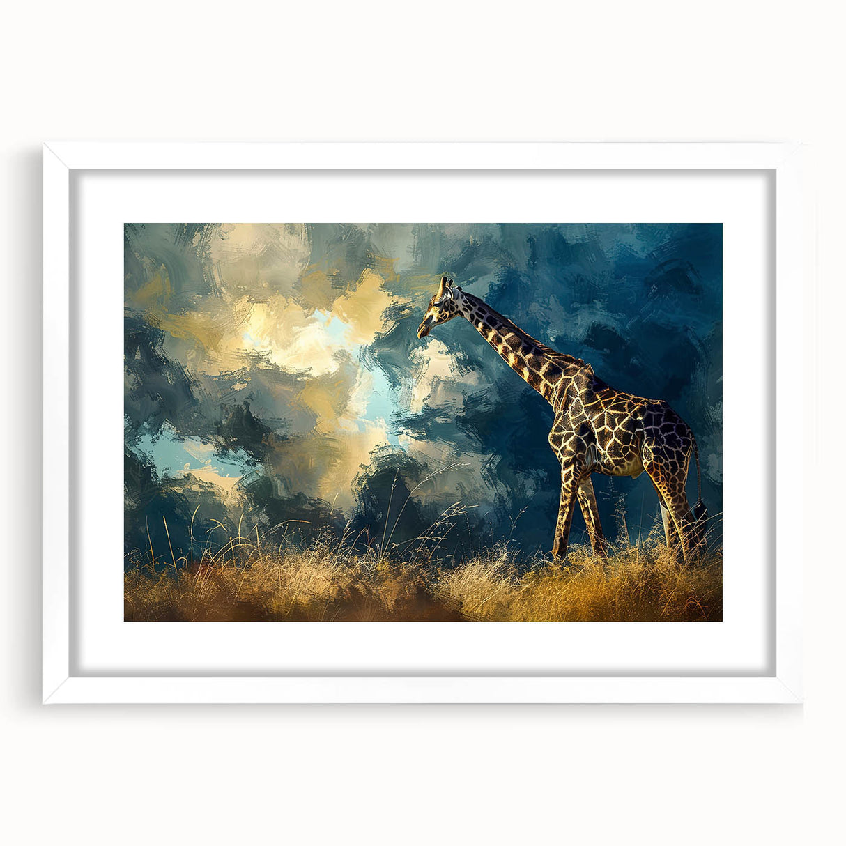 Giraffe-themed wall art design featuring a striking illustration in a white frame with a mat. Perfect for animal lovers and home decor enthusiasts, showcasing wildlife beauty.
