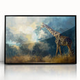 Framed wall art featuring a striking giraffe design, showcasing vibrant colors and intricate details against a sleek black frame, perfect for animal lovers and home decor enthusiasts.