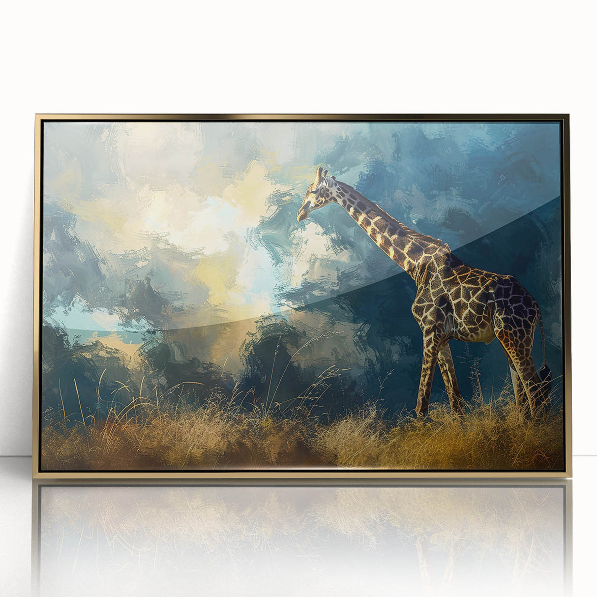 Framed wall art featuring a striking front view of a giraffe design, highlighted with gold accents against a textured background, perfect for animal lovers and modern decor.
