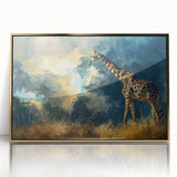 Framed wall art featuring a striking front view of a giraffe design, highlighted with gold accents against a textured background, perfect for animal lovers and modern decor.