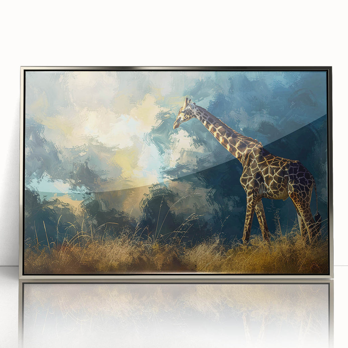 Framed acrylic wall art featuring a striking design of a giraffe in a wild landscape, showcasing vibrant colors and intricate details, perfect for animal lovers' decor.