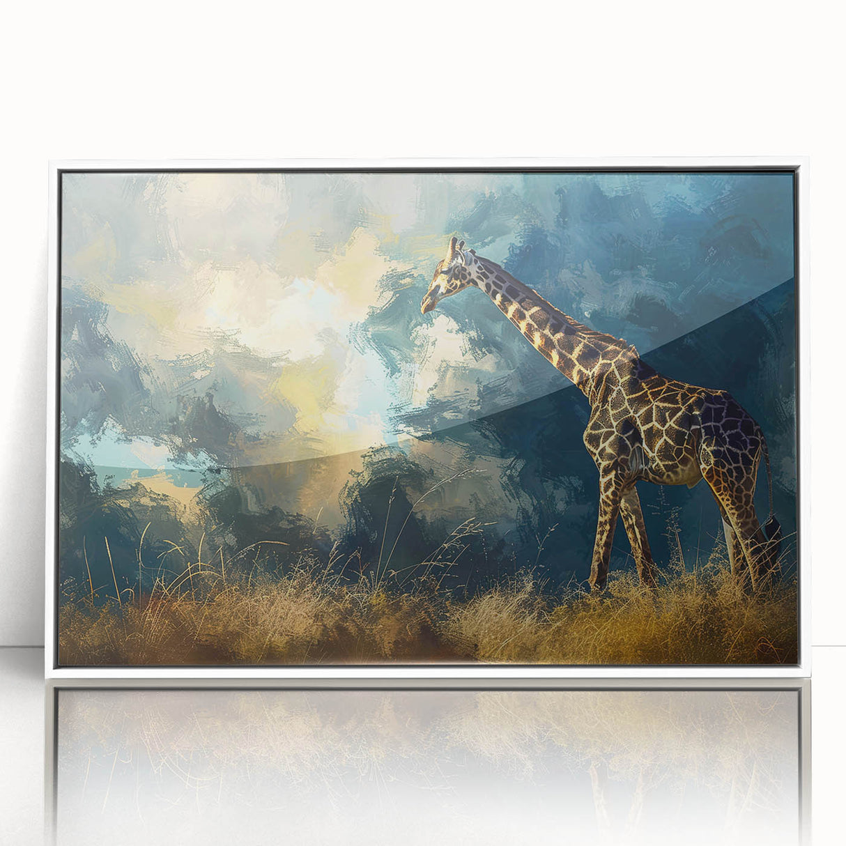 Framed wall art collection featuring a vibrant giraffe design in a contemporary style, showcasing intricate details and vivid colors, perfect for animal lovers and home decor enthusiasts.