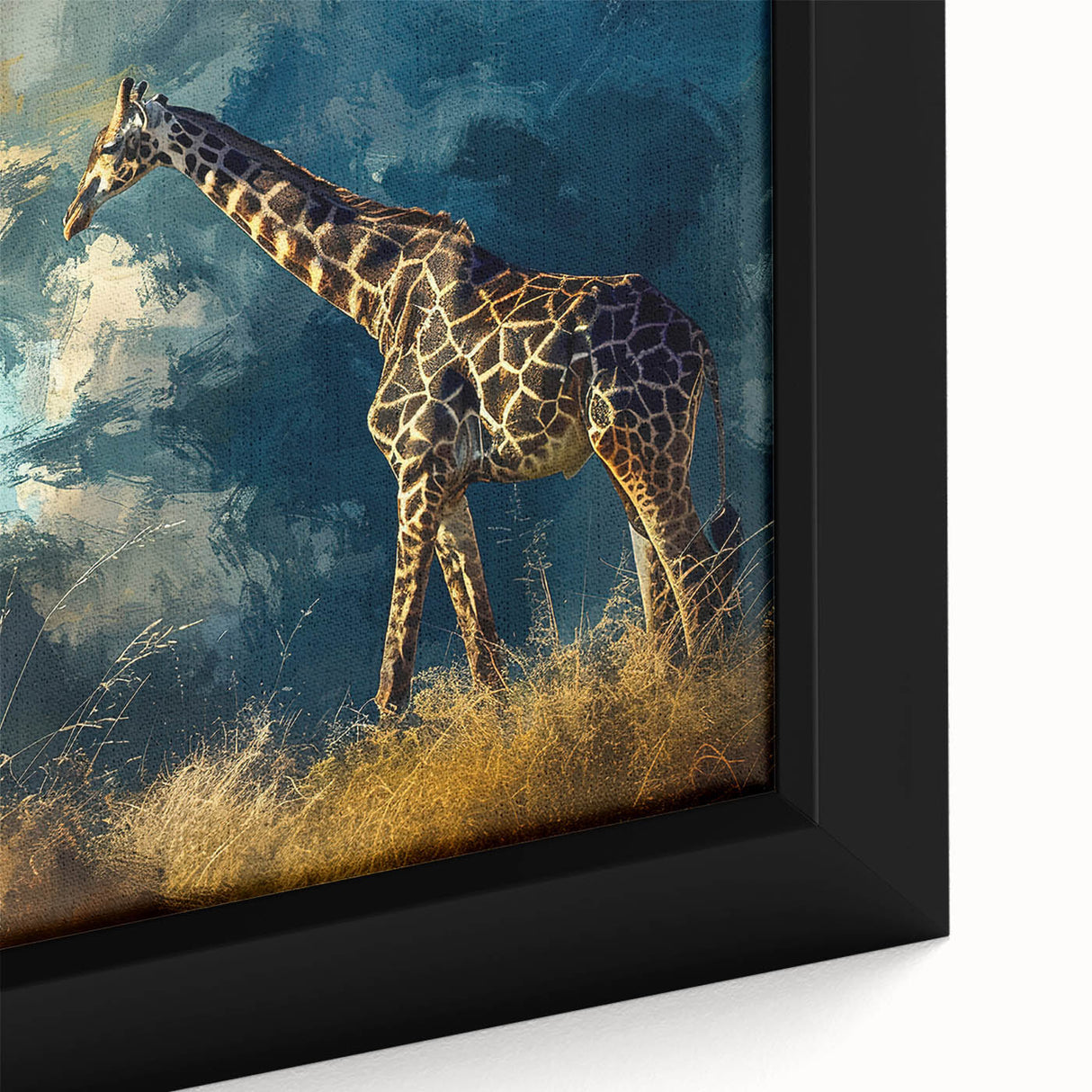 Close-up view of a framed canvas wall art featuring a vibrant giraffe design, showcasing intricate details and textures in earthy tones, perfect for wildlife enthusiasts.