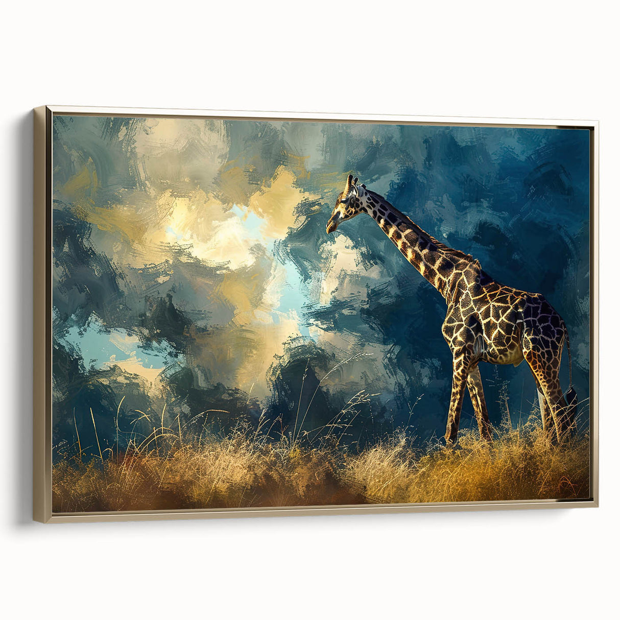 Framed wall art showcasing a side view of a majestic giraffe design with a golden frame, perfect for adding a touch of wildlife elegance to home decor.